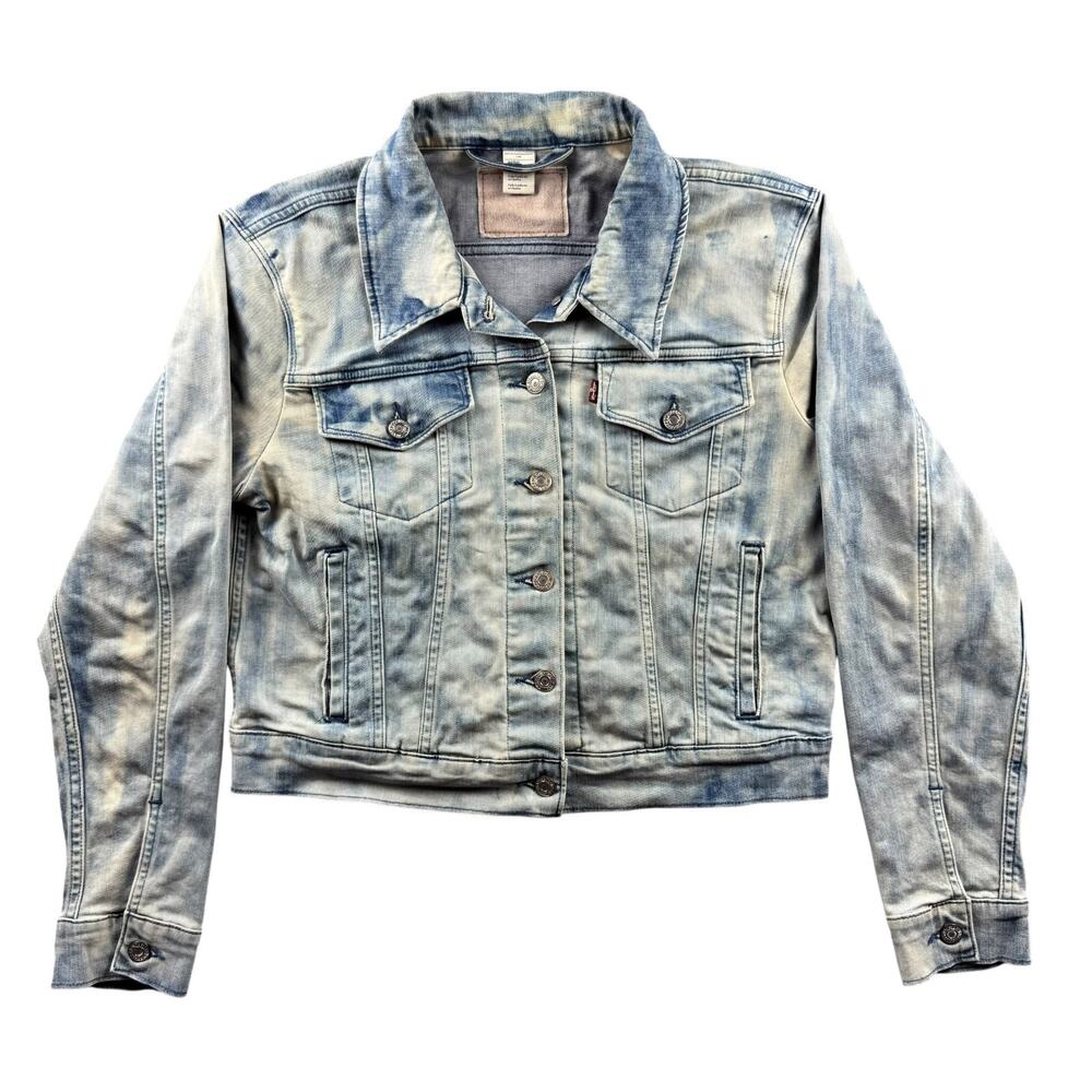 Levi's Trucker Jacket Womens L Blue Acid Wash Cropped Distressed Denim Stretch